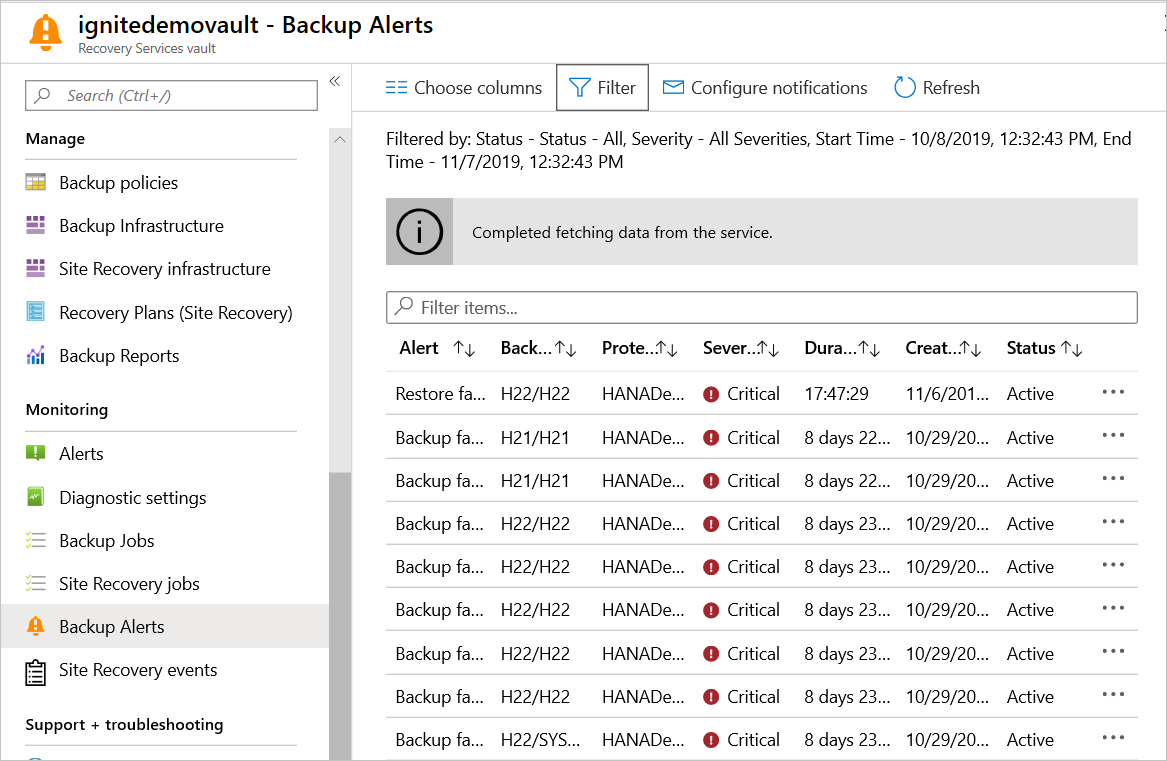 Captura de tela que mostra uma lista de alertas de backup no painel 'Alertas de Backup'.