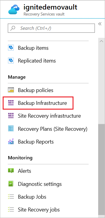 Captura de tela que mostra o link 'Infraestrutura de backup' no cofre dos Serviços de Recuperação.