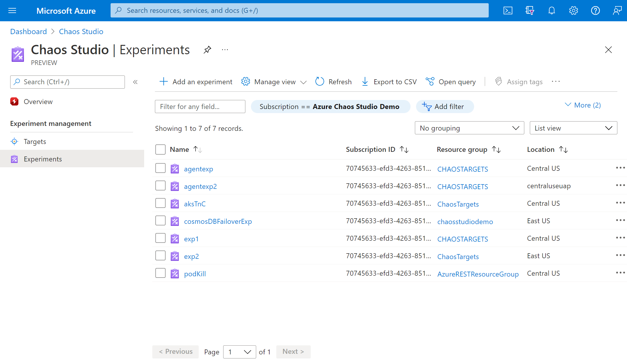 Captura de tela que mostra a exibição de Experimentos no portal do Azure.