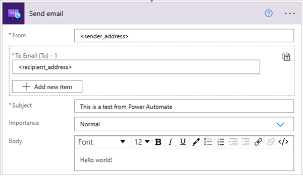 Captura de tela que mostra o conector de Email dos Serviços de Comunicação do Azure, entrada de ação Enviar email.