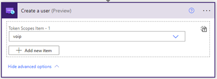 Captura de tela que mostra o conector dos Serviços de Comunicação do Azure, opções avançadas da ação Criar usuário.