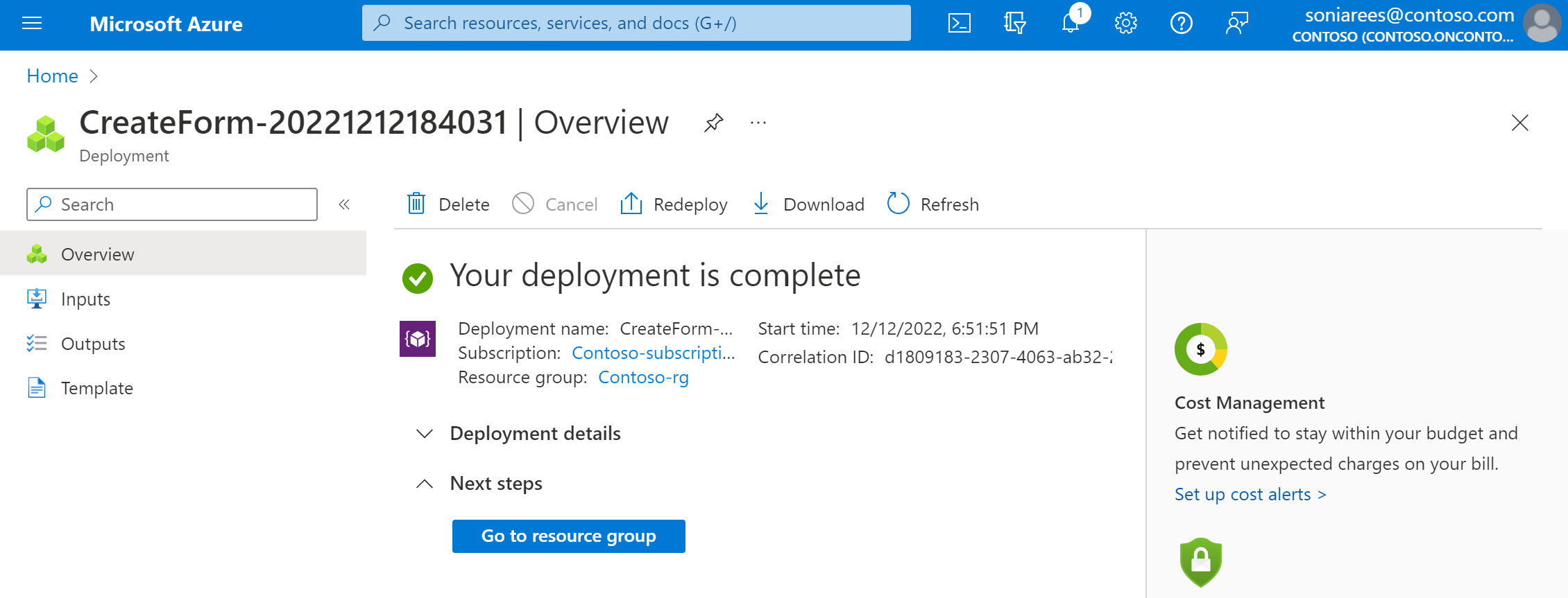 Captura de tela do portal Criar um Gateway de Comunicações do Azure, mostrando uma tela de implantação concluída.