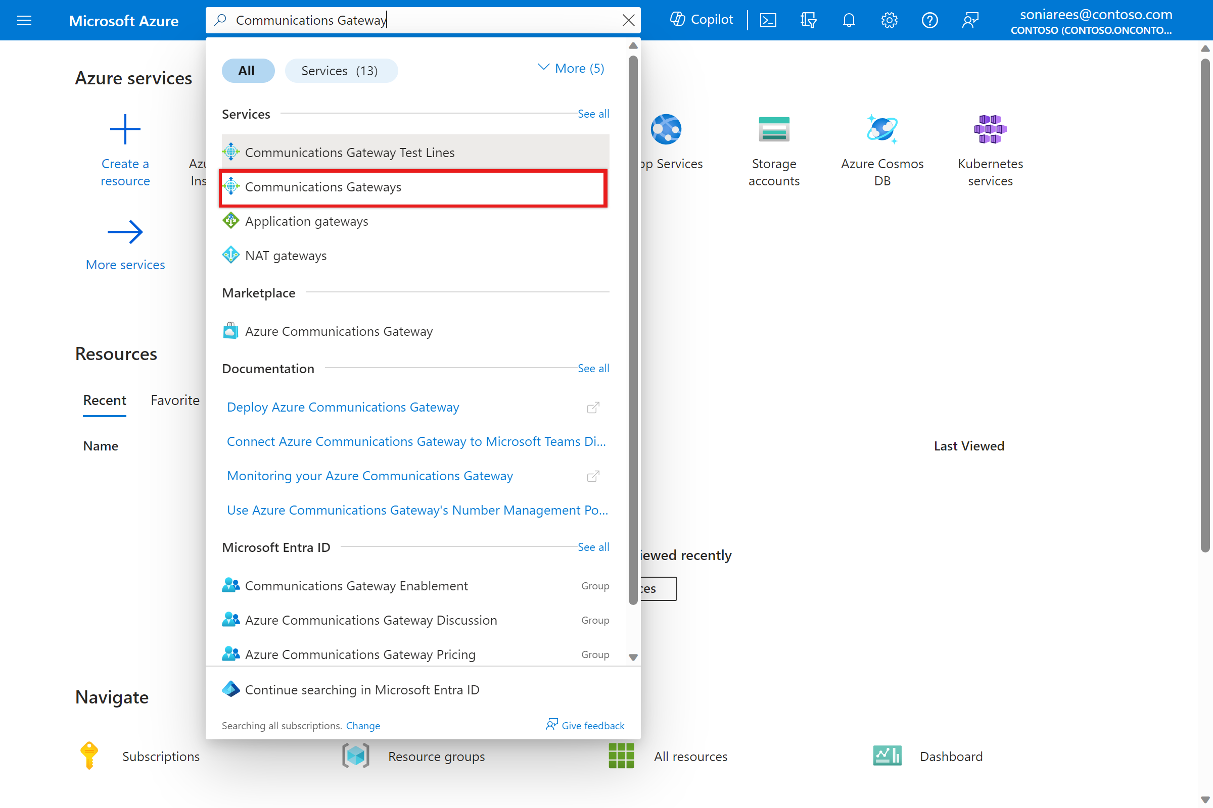 Captura de tela do portal do Azure. Mostra os resultados de uma pesquisa pelo Gateway de Comunicações do Azure.