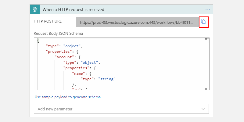 Captura de tela mostrando o fluxo de trabalho de Consumo, o gatilho de Solicitação e o botão de cópia de URL selecionado.