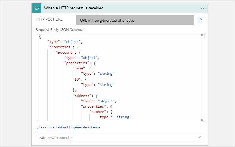 Captura de tela mostrando o fluxo de trabalho de Consumo e o gatilho de Solicitação com esquema JSON de exemplo.