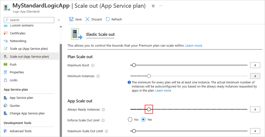 A captura de tela mostra o portal do Azure, o recurso de aplicativo lógico Standard, a página Escalar horizontalmente e o número de Instâncias Sempre Prontas definidos para corresponder à Intermitência Máxima e ao Limite Máximo de Expansão Horizontal.