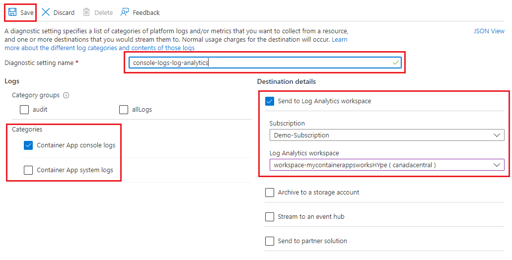 Captura de tela das configurações de diagnóstico de destino do Log Analytics.