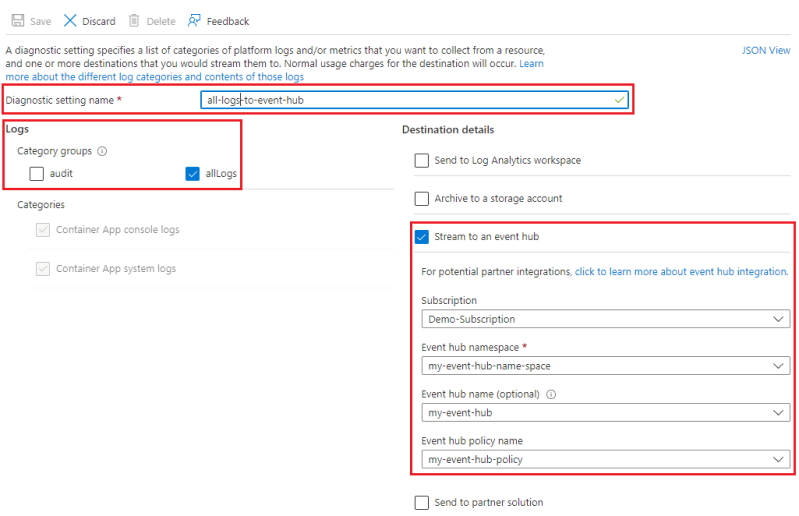 Captura de tela de Configurações de diagnóstico – destino do hub de eventos.