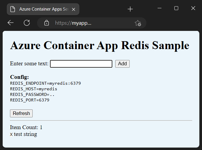 Captura de tela do aplicativo contêiner executando um serviço de cache Redis.