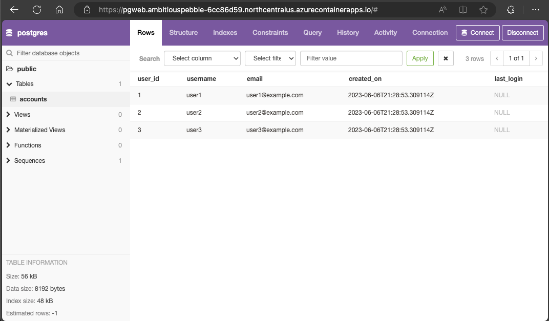 Captura de tela do aplicativo pgweb Container conectando-se ao serviço PostgreSQL.