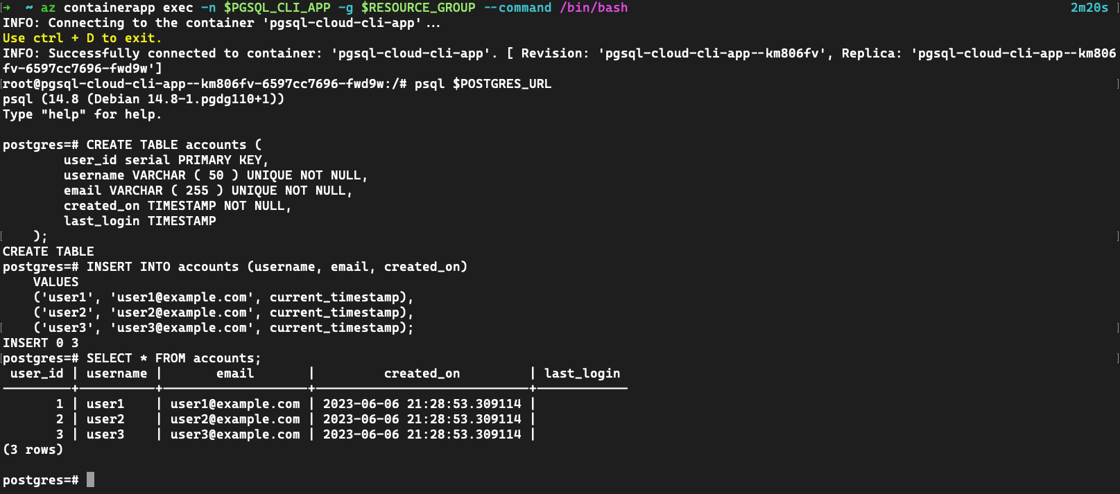 Captura de tela de um aplicativo de contêiner usando pgsql para se conectar ao PostgreSQL e criar uma tabela e semar dados.