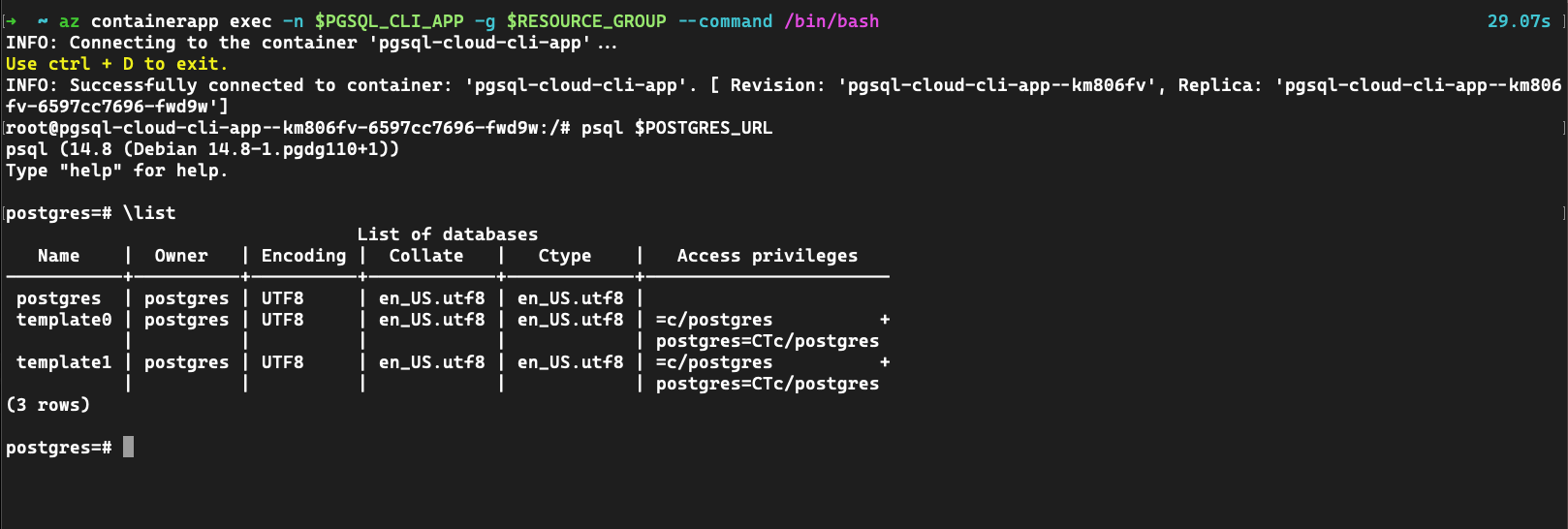 Captura de tela do aplicativo de contêiner usando pqsql para se conectar a um serviço PostgreSQL.