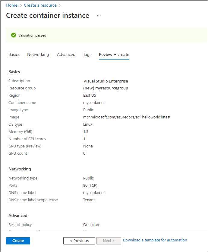 Resumo das configurações para uma nova instância de contêiner no Portal do Azure