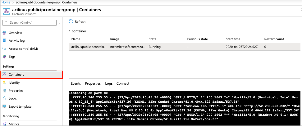 Logs de contêiner no portal do Azure