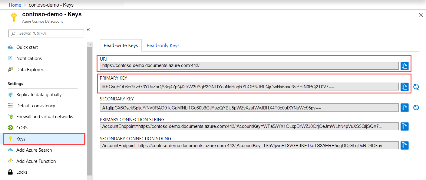 Captura de tela do Portal do Azure com o botão Chaves realçado na página de conta do Azure Cosmos DB