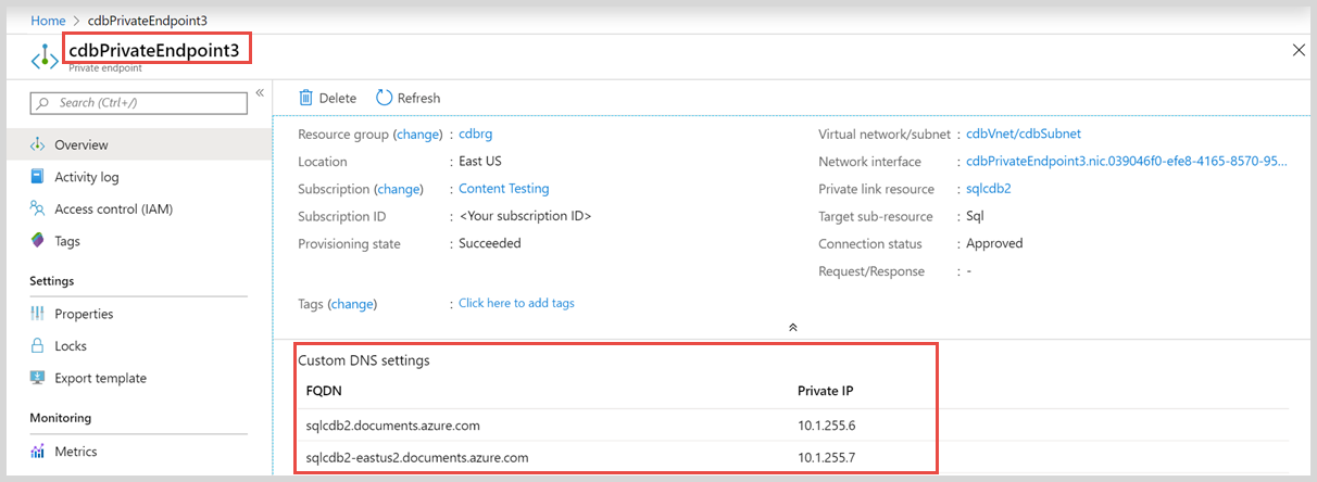 Captura de tela de endereços IP privados no portal do Azure