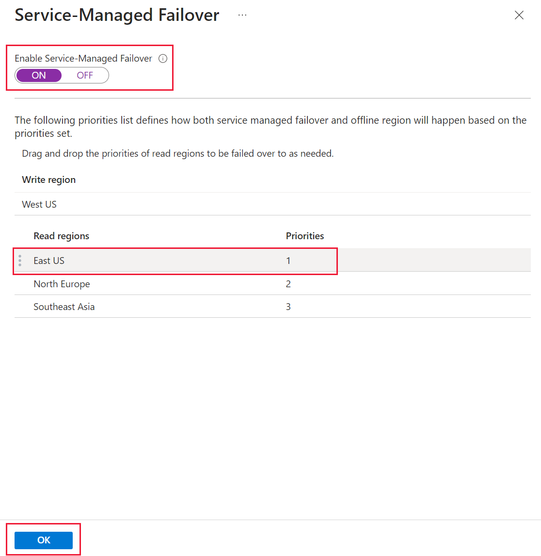 Captura de tela do menu do portal de failover gerenciado pelo serviço.