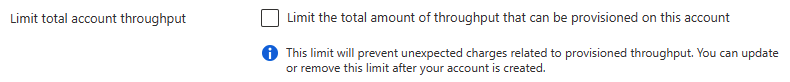 Captura de tela da portal do Azure mostrando como limitar a taxa de transferência total da conta ao criar uma nova conta