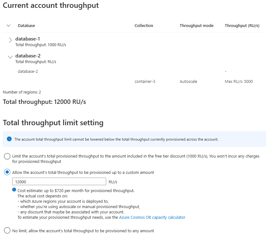 Captura de tela da portal do Azure mostrando como atualizar a taxa de transferência total da conta em uma conta existente