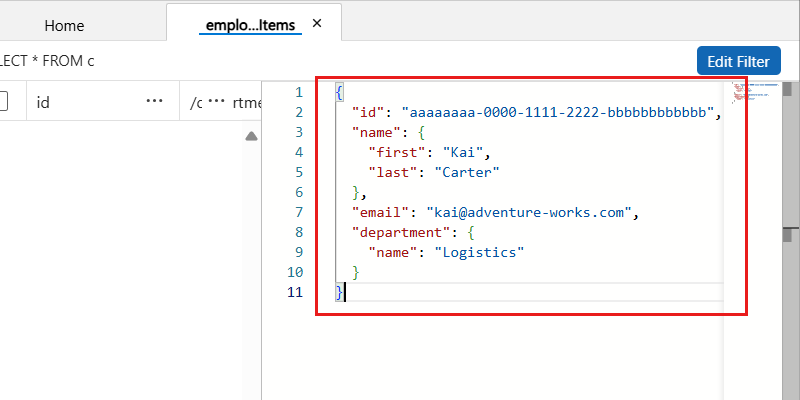 Captura de tela do conteúdo JSON para um novo item no Data Explorer.