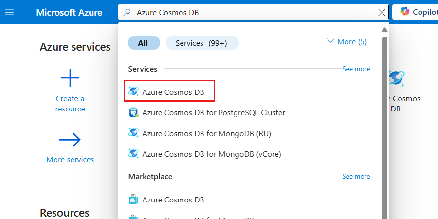 Captura de tela da opção Azure Cosmos DB escolhida no menu de pesquisa.