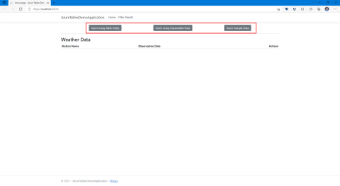 Uma captura de tela do aplicativo que mostra o local dos botões usados para inserir dados no Azure Cosmos DB usando a API de Tabela.