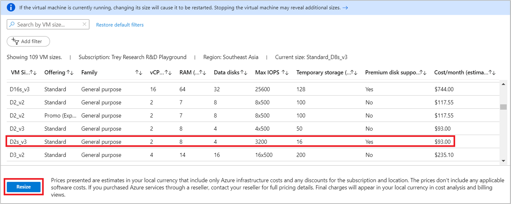 Captura de tela mostrando a lista de tamanhos de VM disponíveis em que você pode escolher um tamanho.