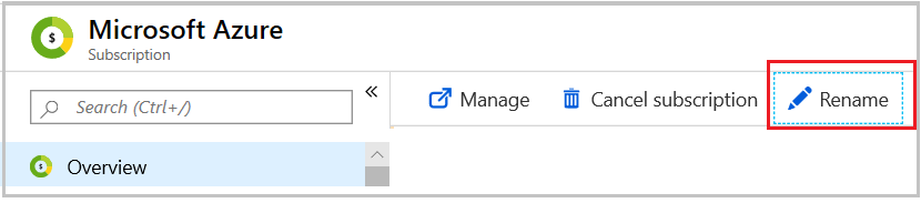 Exemplo de captura de tela da renomeação da assinatura do Azure.