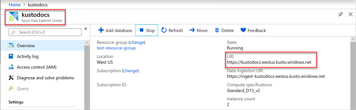 Captura de tela mostrando como adicionar um valor para o URI do cluster do Azure Data Explorer.