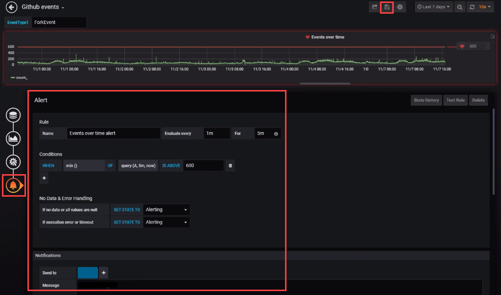 Captura de tela do painel para selecionar as propriedades do alerta.