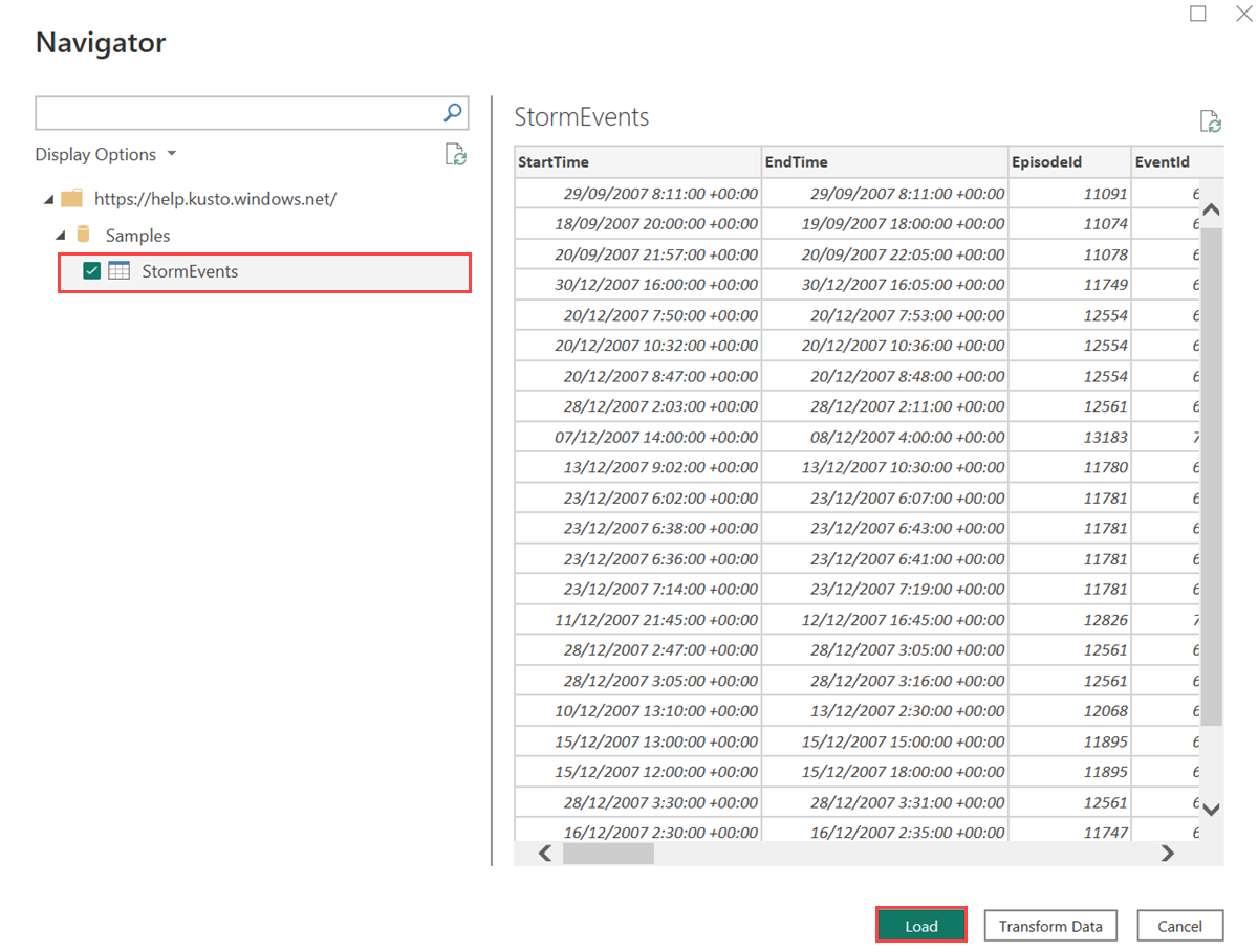 Captura de tela da tela do Navigator, mostrando que a tabela StormEvents está selecionada. O botão Carregar está destacado.