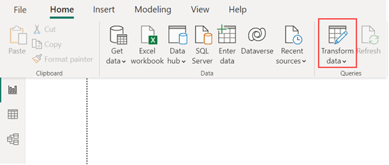 Captura de tela da guia Página Inicial no Power BI Desktop, com a opção Página Inicial intitulada Transformar dados realçada.