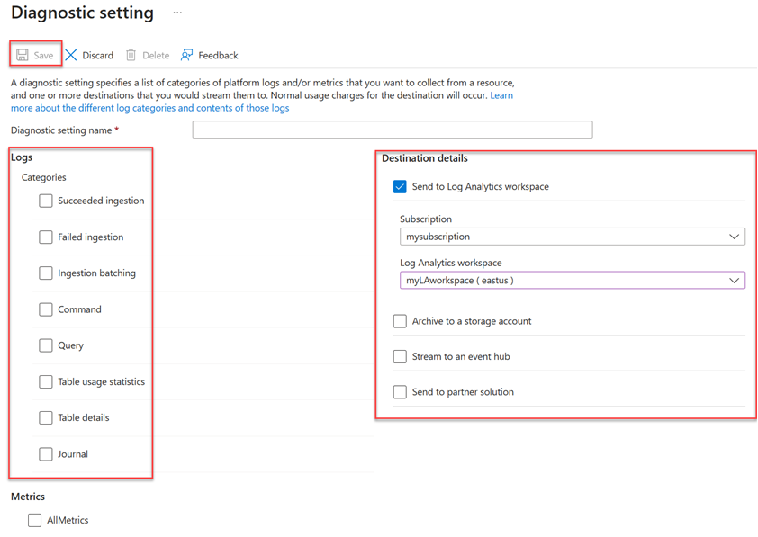 Captura de tela da tela de Configurações de diagnóstico, na qual você configura quais dados de monitoramento coletar para o cluster do Azure Data Explorer.