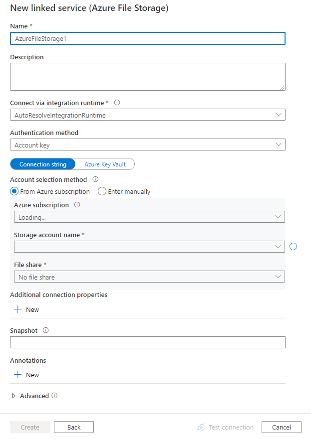 Captura de tela da configuração de serviço vinculado para um Armazenamento de Arquivos do Azure.