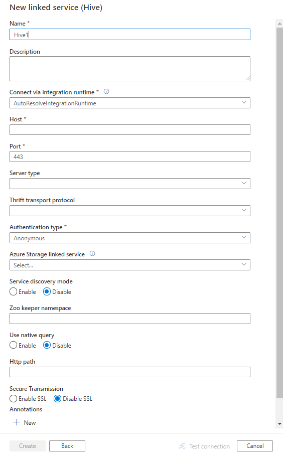 Configurar um serviço vinculado para o Hive.