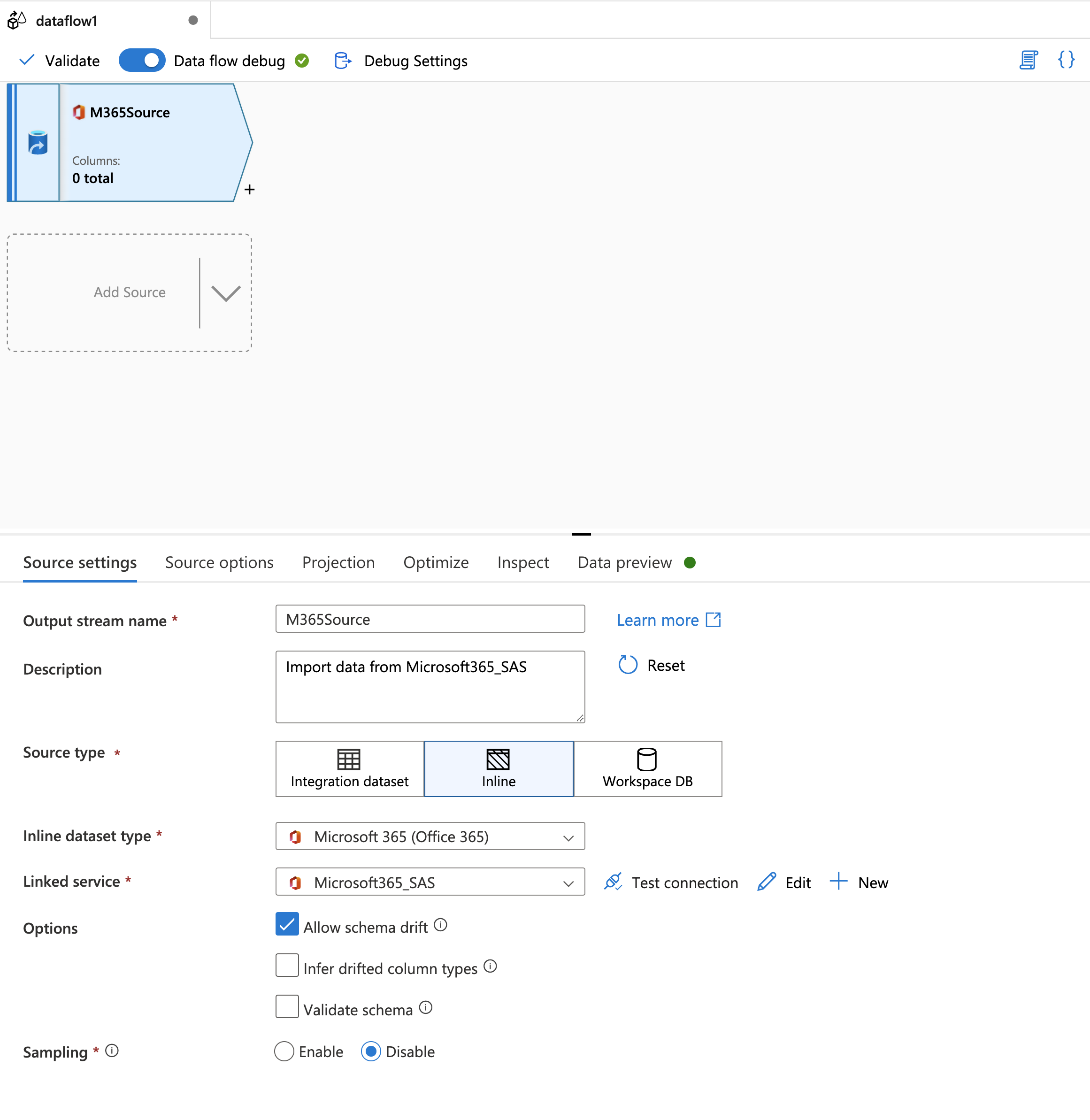 Captura de tela da opção selecionar conjunto de dados nas configurações de origem da fonte de fluxo de dados de mapeamento.