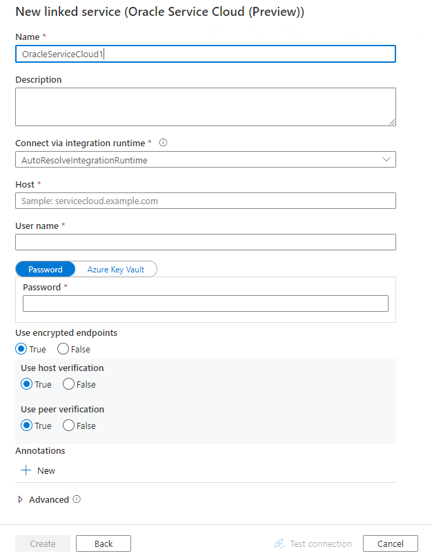 Configurar um serviço vinculado para o Oracle Service Cloud.