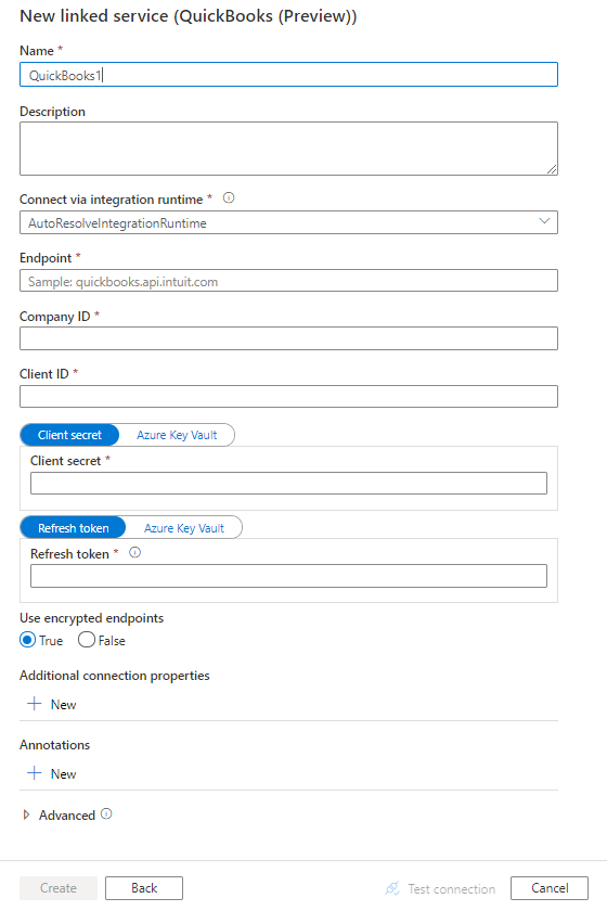 Captura de tela da configuração do serviço vinculado para QuickBooks.