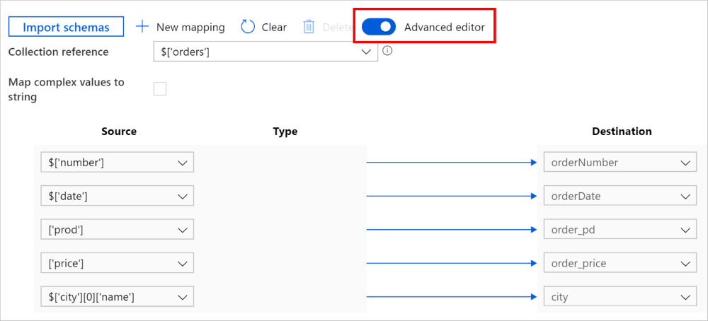 Mapear hierárquico para tabular usando o editor avançado