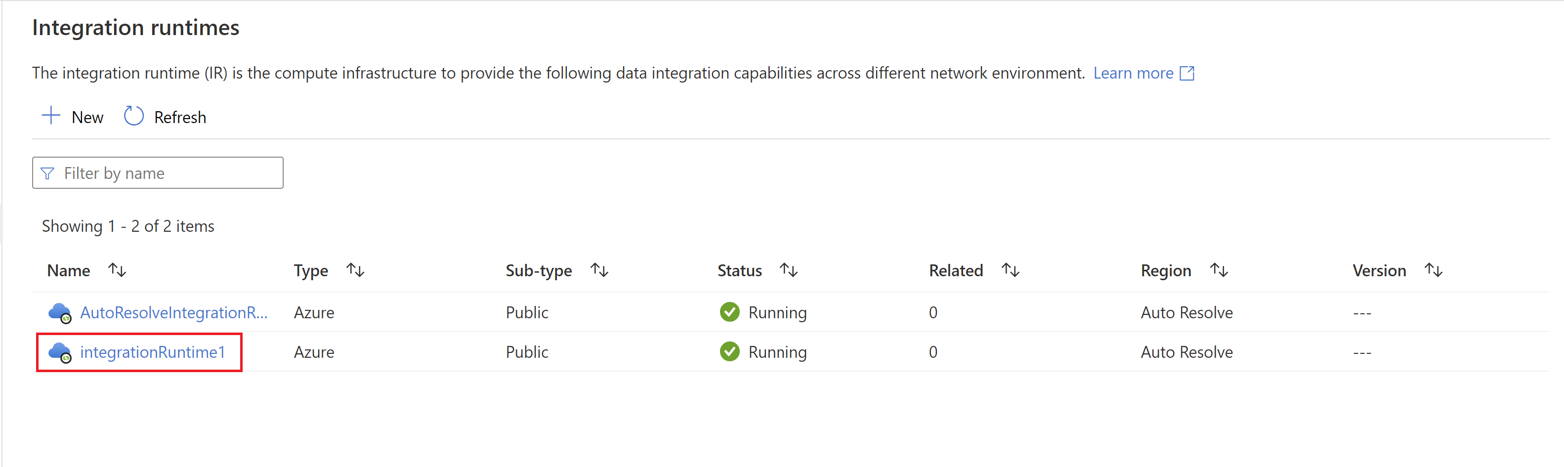 Captura de tela mostrando o runtime de integração do Azure na lista.