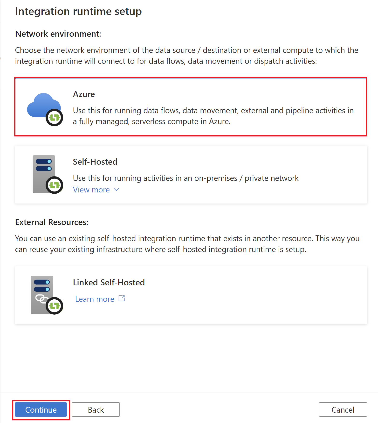 Captura de tela mostrando como criar um runtime de integração do Azure.