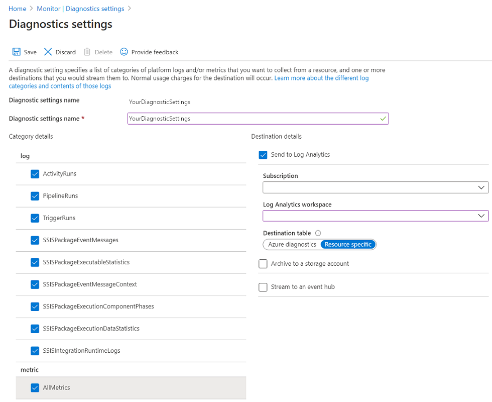 Nomeie suas configurações e selecione um workspace do log analytics