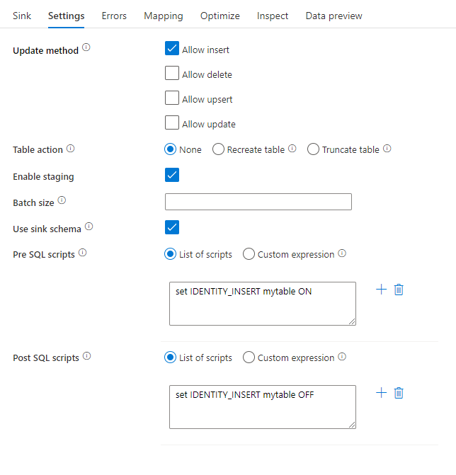 Captura de tela que mostra scripts de processamento SQL prévios e posteriores no fluxo de dados do Azure Synapse Analytics.