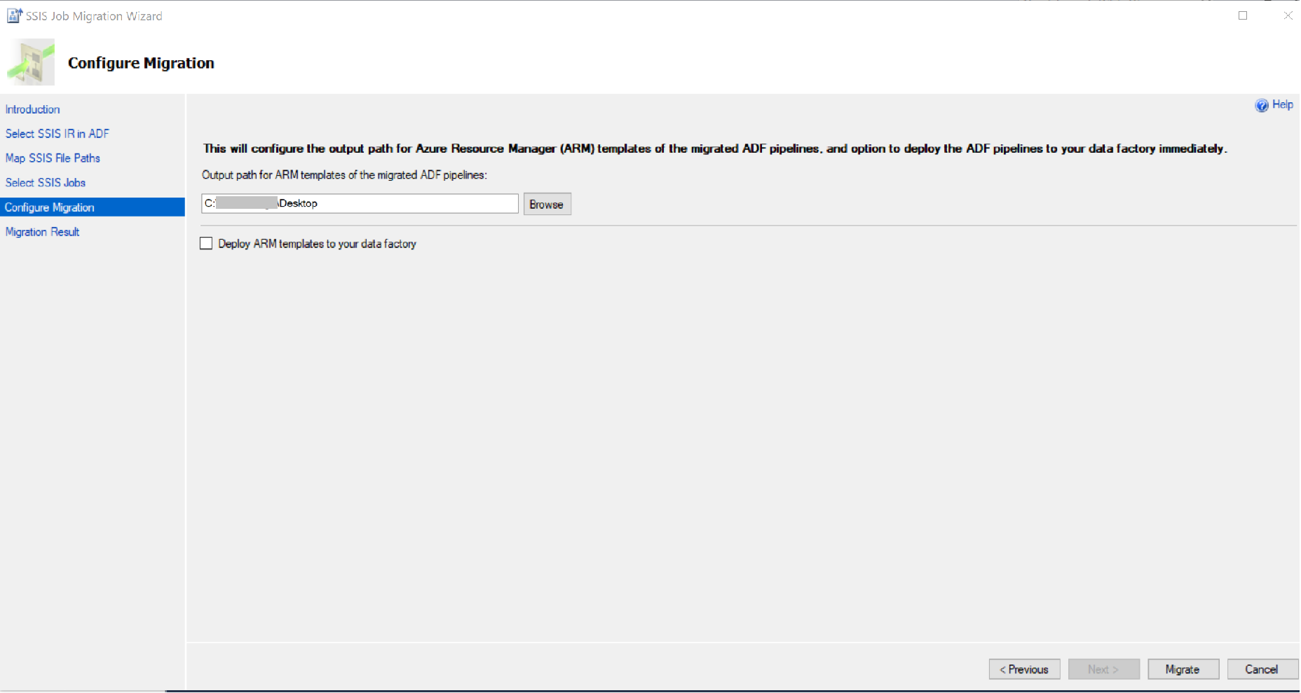 Screenshot shows the Configure Migration page, where you can select or input the output path for the ARM templates of the migrated ADF pipelines and select the option of Deploy ARM templates to your data factory.