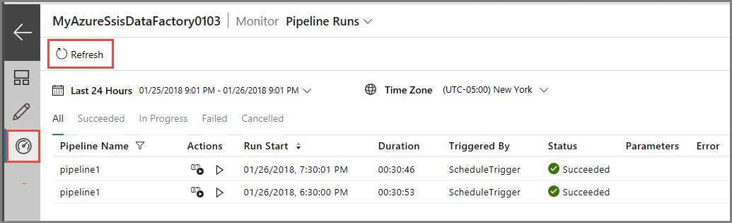 Captura de tela que mostra o painel para monitorar execuções de pipeline.