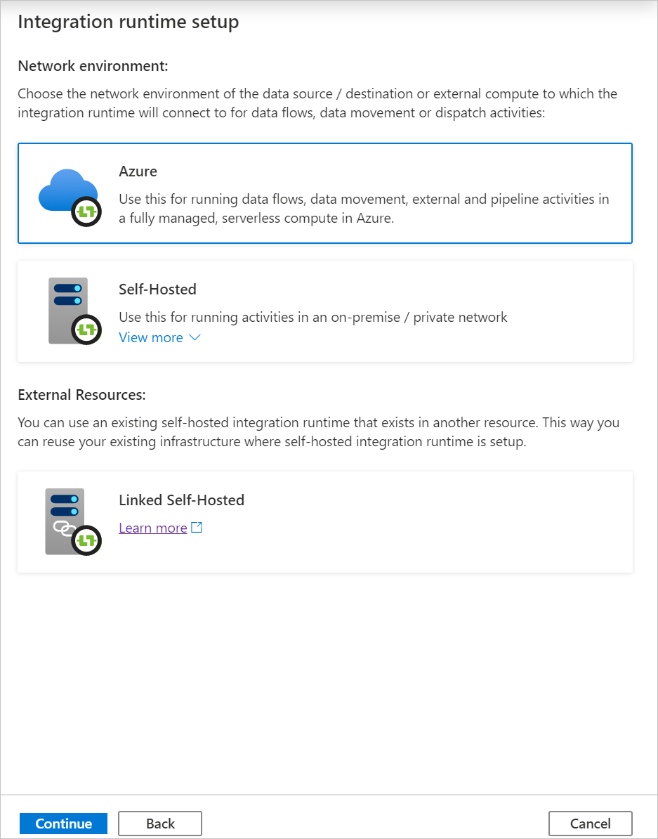 Captura de tela que mostra um novo Azure Integration Runtime.