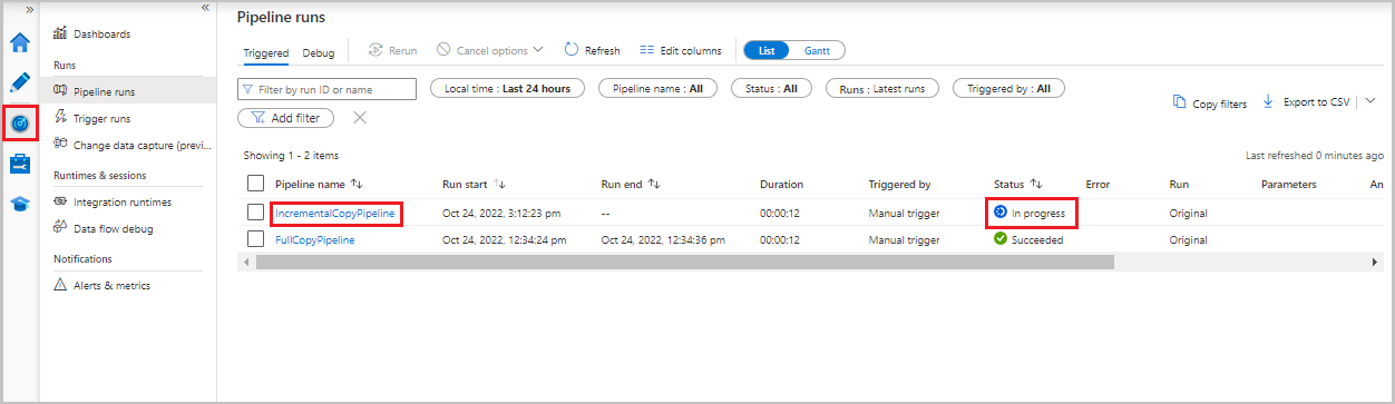 A captura de tela que mostra execuções de pipeline para um data factory.