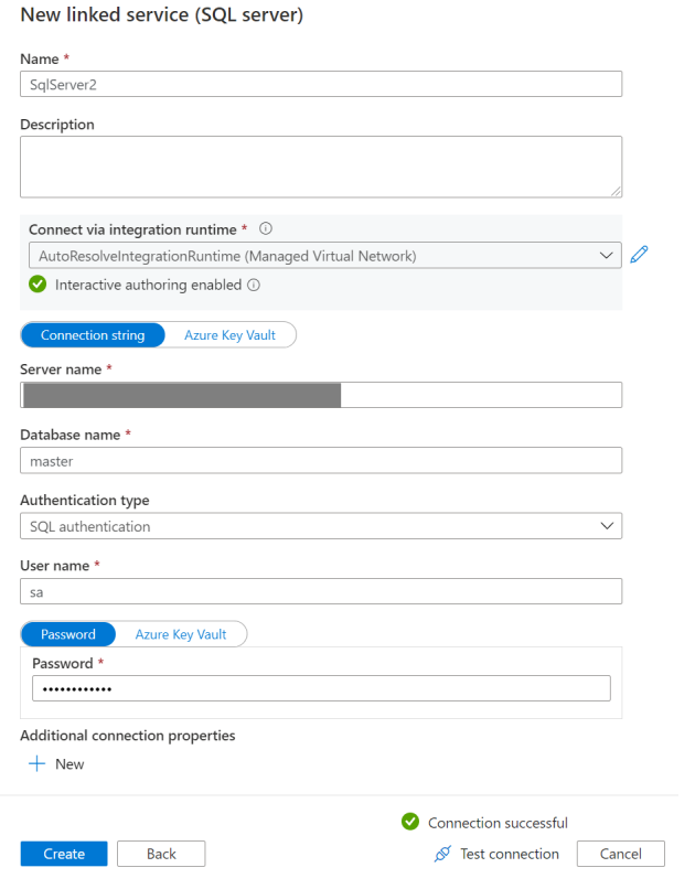 Captura de tela que mostra a página de criação do serviço vinculado do SQL Server.