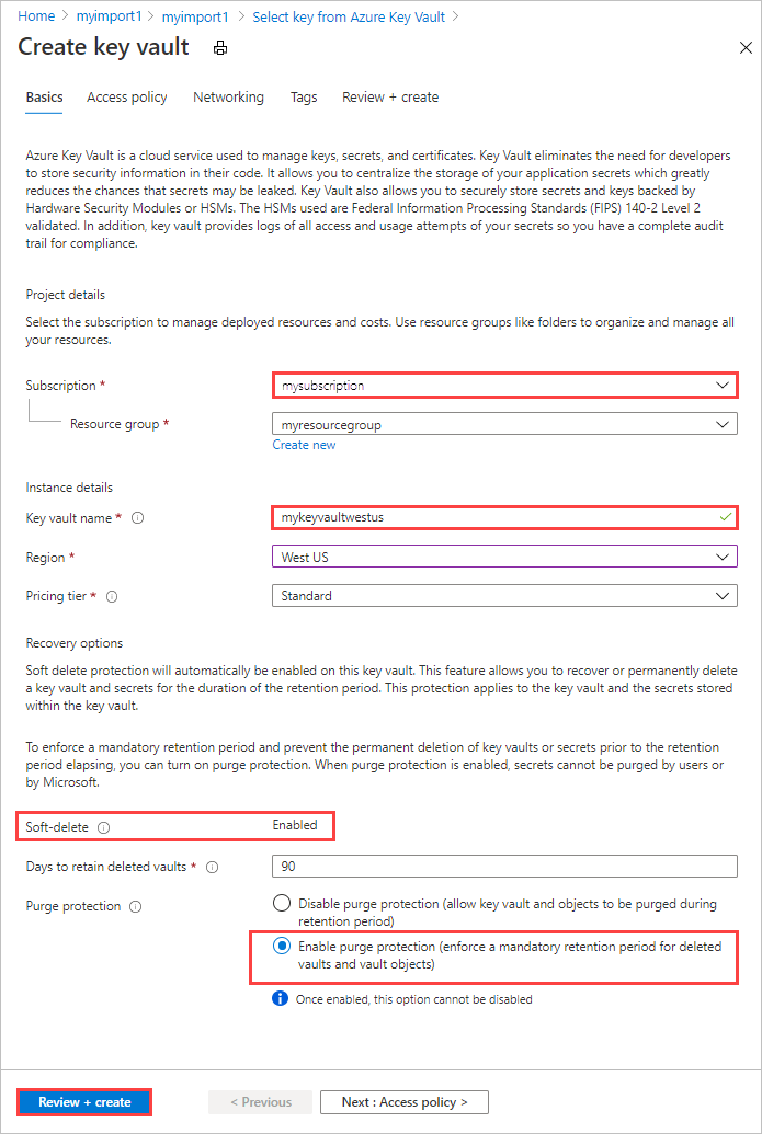 Revisar e criar Azure Key Vault