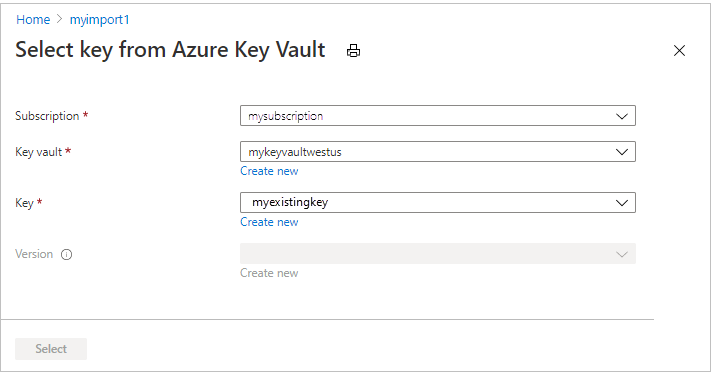 Tela Selecionar chave do Azure Key Vault